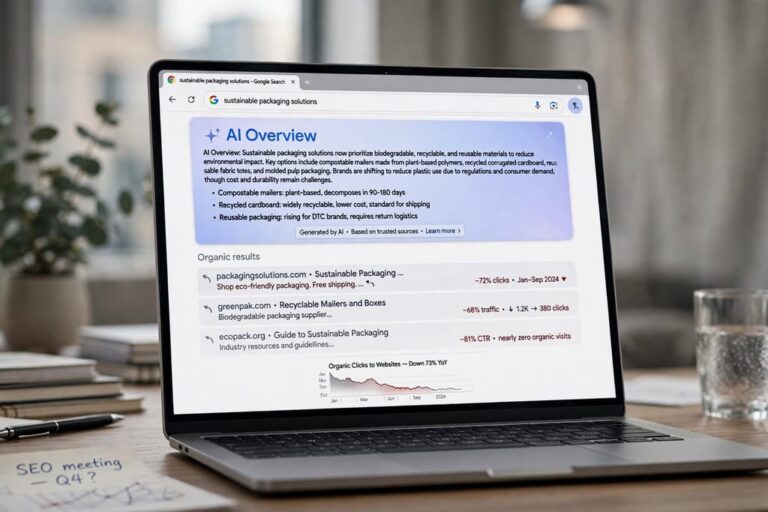 מסך לפטופ המציג תוצאות חיפוש בגוגל עם תיבת AI Overview בחלק העליון ומתחתיה תוצאות אורגניות עם ירידה של 70% בתנועה - המחשה לעידן האפס-קליק ב-SEO